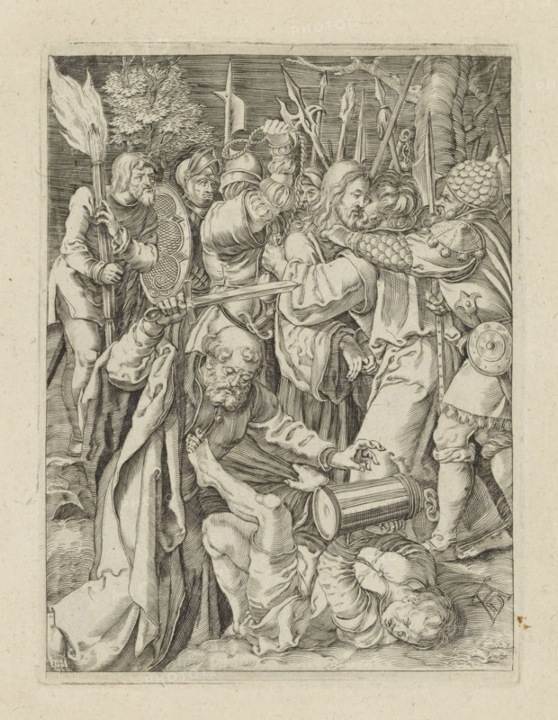 Capture of Christ, Passio Christi Ab Alberto Durer Nurenburgensi Effigiata, The Little Passion, print, album page, Christ is captured by soldiers in the Garden of Gethsemane. Judas kisses him on the cheek. In the foreground Peter Malchus chops off an ear. Print is part of an album., printmaker, after print by, publisher, The Hague, paper, engraving, engraving pasted on album page, height 130 mm x width 99 mm, Peter draws his sword and cuts off Malchus' ear, the kiss of Judas: accompanied by soldiers with torches and lanterns, he kisses Christ, A densely detailed black and white engraving shows a crowded scene with multiple figures in period clothing and armor clustered together; in the upper left a bearded man holds a tall torch, beside him a soldier with a decorated shield and helmet looks toward the center; central figures include a long-haired man in robes being embraced by another man while a soldier raises a sword nearby and other armed men stand behind with spears and polearms; i...