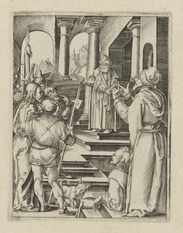 Christ before Pilate, Passio Christi Ab Alberto Durer Nurenburgensi Effigiata, The Little Passion, print, album page, Christ is led before Pilate by armed men. Print is part of an album., printmaker, after print by, publisher, paper, engraving, engraving pasted onto album page, height 130 mm x width 99 mm, Christ before Pontius Pilate (Matthew 27:11-26, Mark 15:2-15, Luke 23:2-7, 23:13-25, John 18:28 - 19:16), A black and white etched scene shows an older robed man standing on a raised platform between architectural columns, wearing a turban and gesturing with one hand while holding a staff or sash with the other; in front of him a group of armed men in helmets and varied clothing face him, some with spears and shields and one carrying a pole with a banner, and one man in armor seen from the back with textured clothing and strapped harness; to the right a robed figure with a wrapped headpiece raises both hands toward the speaker, and below a seated or kneeling man looks up; the setting...