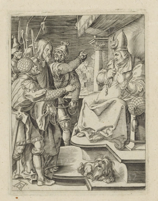 Christ before Caiaphas, The Little Passion, Passio Christi Ab Alberto Durer Nurenburgensi Effigiata, print, album page, Christ is led before Caiaphas by armed men. Print is part of an album., printmaker, after print by, publisher, The Hague, paper, engraving, engraving pasted on album page, height 129 mm x width 99 mm, Christ before the Sanhedrin with Caiaphas as high priest, and possibly Annas, maybe a soldier about to strike Christ because he keeps silent (Matthew 26:57-66, Mark 14:53-64, Luke 22:54, 22:66-71), A monochrome engraving shows a seated figure wearing a tall pointed hat and voluminous robes, clutching the front of the garments with both hands and looking toward a group of armored men who stand before him; the men wear varied helmets and chain armor, one raising an arm while another leans forward, and their faces show different expressions and beards; behind the standing figures are tall polearms and a draped architectural canopy with a decorative column, and beneath the s...