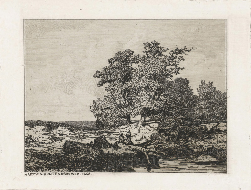 Landscape with oaks, print, Landscape with oaks and a river. In the center two standing figures., inscription: 'Mart ... N:21.', printmaker: Martinus Antonius Kuytenbrouwer jr., Paris, 1848, paper, etching, intaglio printmaking technique, etching with plate tone, height 111 mm x width 147 mm, In the collection there are prints of two other states of this etching, river, trees: oak, A rectangular etched landscape shows a shoreline with rocks and shallow water in the foreground, a group of trees with detailed foliage occupying the middle ground, and a wide sky with fine horizontal and curved line shading above; near the center edge of the water two small human figures sit or stand close together, and rounded haylike stacks or dense shrub forms appear at the right beside the trees.