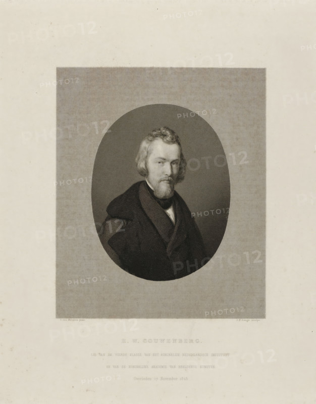 Portrait of Henricus Wilhelmus Couwenberg, print, Henricus Wilhelmus Couwenberg (1814-1845). Bust in oval facing right. Below: his name and position., stamp: 'M, v.S', printmaker: Johannes Philippus Lange, Amsterdam, after painting by Charles van Beveren, 1845 - 1849, paper, steel engraving, height 284 mm x width 233 mm, Person, Henricus Wilhelmus Couwenberg, historical persons, portrait, self-portrait of artist, A monochrome engraved portrait of a man depicted within an oval frame centered on a vertically striped rectangular background, showing his head and upper torso turned slightly to his left, with wavy hair and a beard, wearing a dark coat with wide lapels and a high collar over a shirt and cravat; the surrounding page is light with some faint spotting and a large blank margin around the framed portrait.
