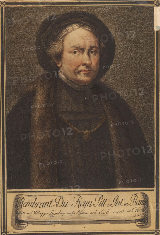 Portrait of artist Rembrandt Harmensz. van Rijn, Portraits of artists, print, book illustration, printmaker: Giovanni Domenico Campiglia, Italy, after painting by Rembrandt van Rijn, Netherlands, 1752 - 1762, paper, engraving, color printing, à la poupée, colour, pasting, gravure à la poupée, hand-coloured, pasted printed paper frame and bottom margin with text, height 267 mm x width 181 mm, Francesco. Serie di ritratti degli eccellenti pittori dipinti di propria mano, che esistono nell'Imiperial Galleria di Firenze. Florence: 1752-1762, vol. I. Portraits from these editions also appear to have been printed separately in color and marketed mounted., Person, historical persons, portrait, self-portrait of artist, A bust-length portrait of a middle-aged person facing slightly to their right, wearing a dark rounded hat and a dark robe with a fur-lined collar, a short necklace with a pendant visible over the robe, short wavy hair visible at the temples, a mustache and small patch of facial ...