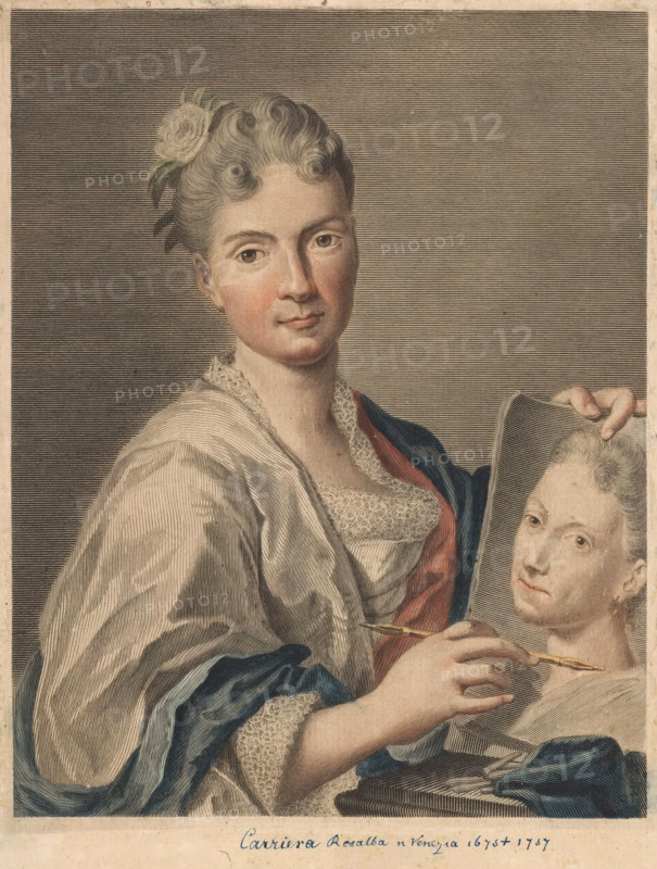 Portrait of artist Rosalba Carriera, Portraits of artists, print, book illustration, inscription: 'Carriera Rosalba n Venezia 1675 + 1757', printmaker: Giovanni Marco Pitteri, Italy, after drawing by Giovanni Domenico Campiglia, after painting by Rosalba Carriera, Venice, 1752 - 1762, paper, engraving, color printing, à la poupée, colour, gravure à la poupée, hand colored, height 269 mm x width 185 mm, Francesco. Serie di ritratti degli eccellenti pittori dipinti di propria mano, che esistono nell'Imiperial Galleria di Firenze. Florence: 1752-1762, vol. IV., Person, historical persons, portrait, self-portrait of draftsman, drawing-instruments, A woman is shown from the torso up, facing forward with a neutral expression, wearing a draped garment with visible folds and a lace-trimmed neckline and a dark shawl over one shoulder; her hair is styled in curled waves with a flower tucked at the side. Another face appears on a panel or canvas that the woman holds, the hand holding the panel vi...