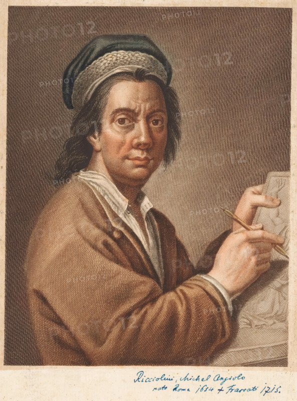Portrait of artist Michelangelo Ricciolini, print, book illustration, inscription: 'Ricciolini, Michel Angiolo nato Roma 1654 + Frascari 1715.', printmaker: Antonio Pazzi, Italy, after painting by Michelangelo Ricciolini, 1752 - 1762, paper, engraving, color printing, à la poupée, colour, gravure à la poupée, hand colored, height 266 mm x width 178 mm, Francesco. Serie di ritratti degli eccellenti pittori dipinti di propria mano, che esistono nell'Imiperial Galleria di Firenze. Florence: 1752-1762, vol. II, vol. 2., Person, historical persons, portrait, self-portrait of draftsman, drawing-instruments, A seated person shown from the chest up turned slightly to the side, wearing a soft dark cap with a lighter band and long dark hair falling to the neck, a loose light-colored shirt with an open collar under a heavy brown coat with visible folds and stitching, a focused face with neutral expression and prominent eyes, the hands holding a drawing tool and resting on a sheet with sketched li...
