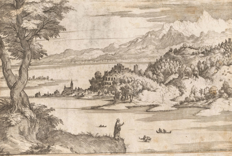 Peter walks on water, Landscapes with scenes from the life of Christ, print, Christ stands on the bank. Peter attempts to walk on water, while four fishermen in two small boats float on the water (Mt. 14: 31). On the opposite bank, a city is visible that merges into a wooded ridge. In the background, there is a mountain range. The foreground on the left is dominated by a tree., number: '77, 81', printmaker: Giovanni Battista Fontana, Italy, 1535 - 1587, paper, etching, height 271 mm x width 317 mm, This print is part of a series of seven prints with landscapes featuring scenes from the life of Christ. Mounted on a sixteenth-century album page with a landscape by Antonio Tempesta on the recto. Landscapes, river, Peter steps out of the boat and tries to walk on the water towards Christ., A sepia-toned etched landscape showing a shoreline with rolling hills and distant mountains, a large twisted tree in the left foreground, a figure standing on a grassy promontory near the water, small ro...