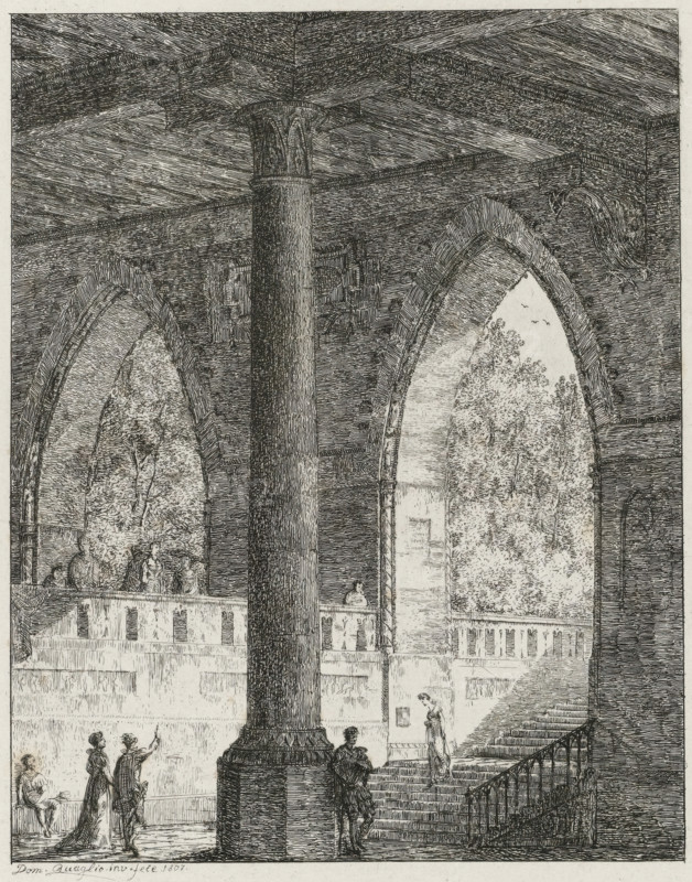 Gothic building with two pointed arches, Vier und Zwanzig Landschaftliche Gegenstände, Twenty-four landscapes, print, printmaker: Domenico Quaglio (II), after design by, publisher: Johann Velten, Karlsruhe, 1807, 1821, Baden-Württemberg, paper, etching, height 197 mm x width 145 mm, This print is part of a series of 24 prints., architecture (Gothic art), A detailed architectural scene rendered in fine linework showing a large fluted column with an ornate capital rising from a square base beneath a coffered ceiling, flanked by pointed archways that reveal leafy trees outside; a balustraded gallery runs behind the column where several small figures stand and converse, while on the ground level a few figures in period dress walk and gesture, one figure ascends a wide staircase with a railing, and another leans against the column; stone walls, arch molding, and textured shading fill the interior, and birds are visible through one arch opening.