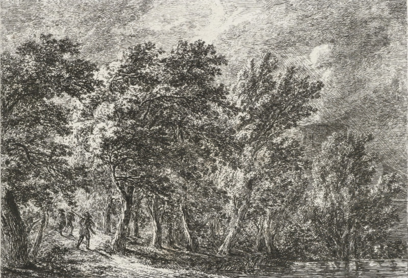 Landscape with a Gothic building and depiction of a hilly landscape with a house, Twenty-four landscapes, Vier und Zwanzig Landschaftliche Gegenstände, print, printmaker:, after design by, publisher: Johann Velten, Karlsruhe, 1804 - 1810, 1821, printmaker, Baden-Württemberg, paper, etching, uncut sheet, height 102 mm x width 116 mm x height 118 mm x width 69 mm, This print is part of a series of 24 prints., forest, wood, architecture (Gothic art), A detailed black and white etching showing a wooded landscape with dense trees filling most of the scene, leafy canopies rendered with fine lines and varied shading, trunks and branches angled and overlapping, a narrow winding path cutting through the trees, small human figures walking along the path with simple clothing and hats, one figure closer in the foreground and a few others farther back, a body of water visible at the lower edge reflecting linear textures, and a sky above filled with textured cloud patterns.