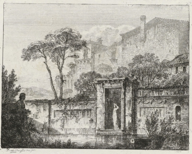 View of buildings and a woman in a passageway, Twenty-four landscapes, Vier und Zwanzig Landschaftliche Gegenstände, print, printmaker:, after design by, publisher: Johann Velten, Karlsruhe, 1807, 1821, printmaker, Baden-Württemberg, paper, etching, height 127 mm x width 162 mm, This print is part of a series of 24 prints., landscapes in the temperate zone (landscape with figures, staffage), A detailed monochrome etching shows an outdoor scene with old stone buildings, archways, and a gated entrance framed by columns; a slender statue stands within the entrance recess. Trees and shrubs grow around the structures, some tall and bare-branched and others dense with foliage. A low wall or balustrade runs across the foreground beside a parked stone figure or bust on a plinth. The sky above is rendered with fine horizontal lines and faint cloud shapes, while the architecture displays textured brick and roof tiles. Small windows and a chimney are visible on the buildings, and climbing plants ...