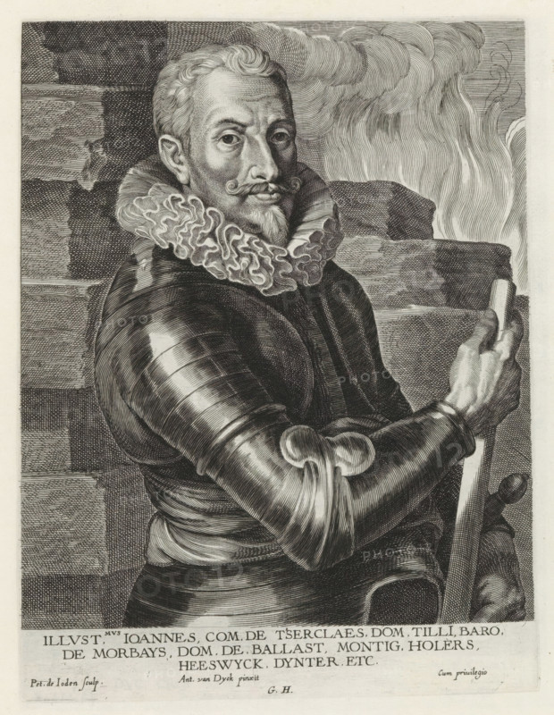 Portrait of Johannes 't Serclaes, Count of Tilly, Iconographie, Icones Principum Vivorum Doctorum Pitorum Chalcographorum Statuariorum nec non Amatorum Pictoriae Artis Numero Centum ab Antonio van Dyck Pictore ad Vivum Expressae Eiusq: Sumptibus aeri incisae, print, album page, Count of Tilly. He is wearing armor and standing in front of a wall. A fire is raging in the background. This print is part of an album., printmaker: Pieter de Jode (I), Antwerp, after painting by Anthony van Dyck, publisher: Gilles Hendricx, 1630 - 1641, 1645 - 1646, Pieter de Jode (I), Anthony van Dyck, Gilles Hendricx, unknown, printmaker, after painting by, publisher, grantor of privilege, paper, engraving, gravure, height 238 mm x width 182 mm, Person, Johan t' Serclaes (Count of Tilly), flame, A black and white engraved portrait of a man shown from the waist up, turned slightly to his side while looking toward the viewer, wearing armor with articulated plates and a richly textured ruff collar, a curled mus...