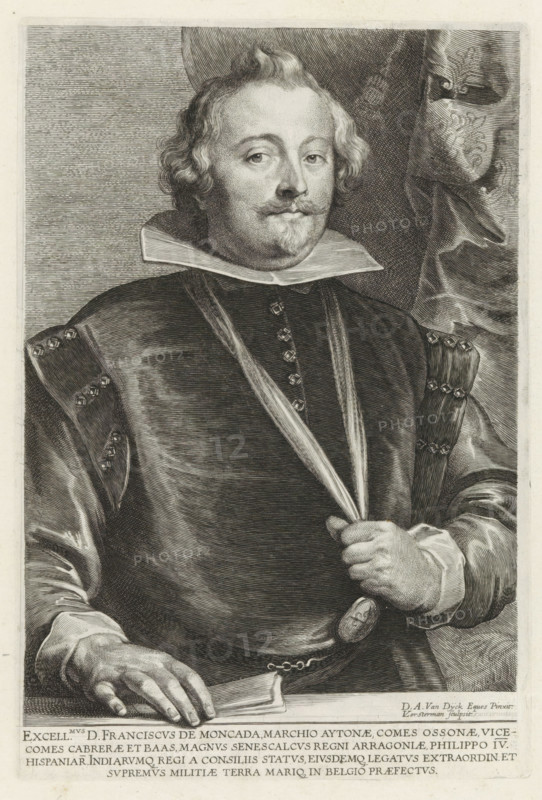 Portrait of Francisco de Moncada, Marquis of Aytona, Icones Principum Vivorum Doctorum Pictorum Chalcographorum Statuariorum nec non Amatorum Pictoriae Artis Numero Centum ab Antonio van Dyck Pictore ad Vivum Expressae Eiusq: Sumptibus aeri incisae, Iconographie, print, album page, Portrait of the Spanish general and diplomat Francisco de Moncada, Marquis of Aytona. This print is part of an album., printmaker: Lucas Vorsterman (I), Antwerp, after painting by Anthony van Dyck, publisher: Gilles Hendricx, 1630 - 1641, 1645 - 1646, unknown, grantor of privilege, paper, engraving, gravure, height 265 mm x width 178 mm, Person, Francisco de Moncada (Marquis of Aytona), A monochrome engraved portrait of a man shown from the waist up, wearing a dark fitted garment with decorative fastenings on the shoulders and a wide stiff collar, his hair wavy and short with a mustache and small pointed beard, one hand resting on a table and the other grasping a strap or sash across his chest, a draped curt...