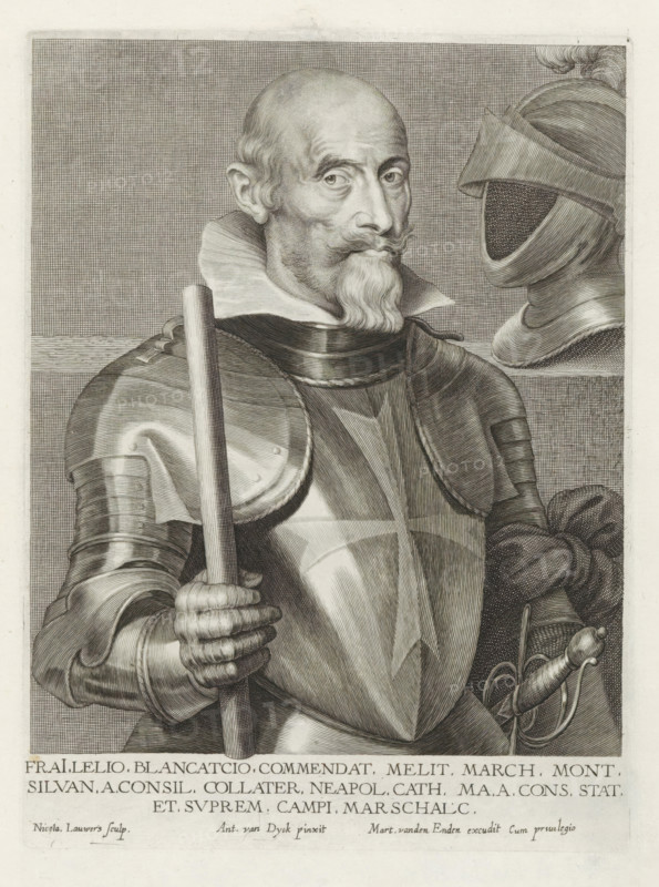 Portrait of Lelio Blancaccio, Iconographie, Icones Principum Vivorum Doctorum Pictorum Chalcographorum Statuariorum nec non Amatorum Pictoriae Artis Numero Centum ab Antonio van Dyck Pictore ad Vivum Expressae Eiusq: Sumptibus aeri incisae, print, album page, Commander of Malta. Blancaccio wears armor with a Maltese cross and holds a command staff. This print is part of an album., printmaker: Paulus Pontius, Antwerp, after painting by Anthony van Dyck, publisher: Gilles Hendricx, publisher: Martinus van den Enden (I), 1630 - 1641, 1645 - 1646, unknown, grantor of privilege, paper, engraving, gravure, height 228 mm x width 168 mm, Person, Lelio Brancaccio, baton of general, armour, A black and white engraved portrait shows an older man in polished plate armor holding a long staff in one gloved hand and a sword hilt in the other; he has a high ruffled collar, a pointed beard with a curled mustache, a bald head with closely cropped hair at the sides, and a direct gaze; behind him on a she...