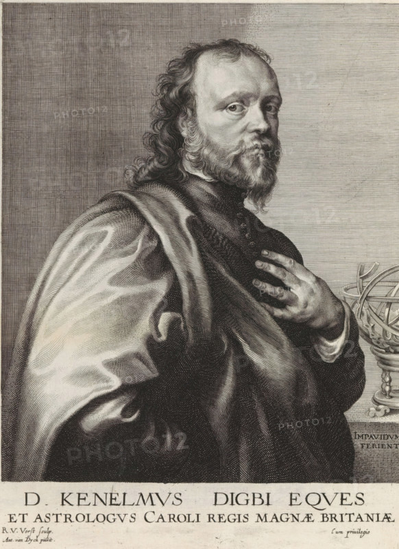 Portrait of Kenelm Digby, Icones Principum Vivorum Doctorum Pictorum Chalcographorum Statuariorum nec non Amatorum Pictoriae Artis Numero Centum ab Antonio van Dyck Pictore ad Vivum Expressae Eiusq: Sumptibus aeri incisae, Iconography, print, album page, Portrait of the naval officer and diplomat Kenelm Digby. There is an armillary on the table, which refers to his interest in astronomy. This print is part of an album., printmaker: Robert van Voerst, London, after painting by Anthony van Dyck, publisher: Gilles Hendricx, Antwerp, 1630 - 1641, 1645 - 1646, unknown, grantor of privilege, paper, engraving, gravure, height 265 mm x width 193 mm, Person, Kenelm Digby, armillary sphere, skeleton celestial globe, A monochrome engraved portrait of a bearded man shown from the chest up, turned slightly to the viewer’s left with his gaze directed outward, wearing a voluminous draped cloak over a dark buttoned garment, his right hand resting on his chest with fingers splayed, curly hair framing h...