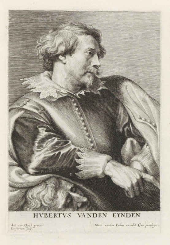 Portrait of Hubrecht van der Eynden, Icones Principum Vivorum Doctorum Pitorum Chalcographorum Statuariorum nec non Amatorum Pictoriae Artis Numero Centum ab Antonio van Dyck Pictore ad Vivum Expressae Eiusq: Sumptibus aeri incisae, Iconography, print, album page, Portrait of the Antwerp sculptor Hubrecht van der Eynden. This print is part of an album., printmaker: Lucas Vorsterman (I), after painting by Anthony van Dyck, publisher: Gilles Hendricx, Antwerp, publisher: Martinus van den Enden (I), 1630 - 1641, 1645 - 1646, unknown, grantor of privilege, paper, engraving, gravure, height 226 mm x width 156 mm, Person, Hubrecht van den Eynde, piece of sculpture, reproduction of a piece of sculpture, portrait, self-portrait of sculptor, A detailed black and white engraved portrait of a man shown from the chest up in three-quarter view, facing right, with wavy hair and a short mustache and goatee, wearing a lace collar and a richly textured garment with decorative buttons and a draped cloak...