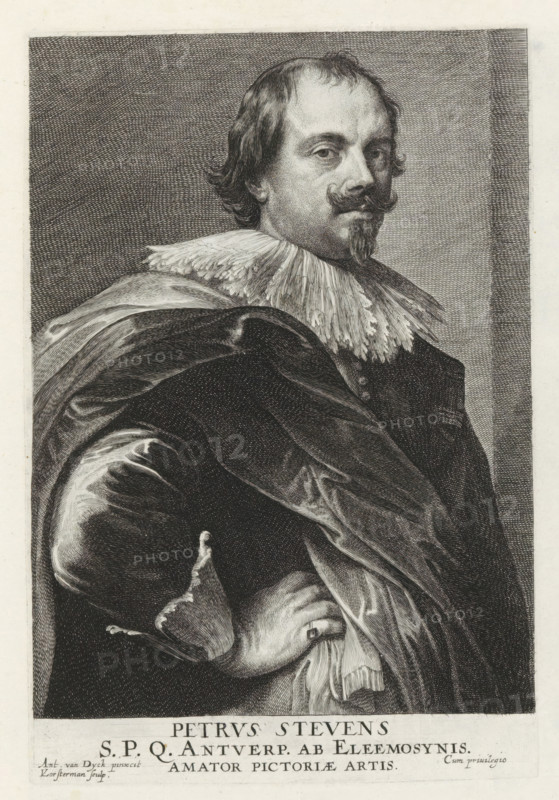 Portrait of Peeter Stevens, Icones Principum Vivorum Doctorum Pictorum Chalcographorum Statuariorum nec non Amatorum Pictoriae Artis Numero Centum ab Antonio van Dyck Pictore ad Vivum Expressae Eiusq: Sumptibus aeri incisae, Iconographie, print, album page, Portrait of the Antwerp fabric merchant and art collector Peeter Stevens. This print is part of an album., printmaker: Lucas Vorsterman (I), Antwerp, after painting by Anthony van Dyck, publisher: Gilles Hendricx, 1630 - 1641, 1645 - 1646, unknown, grantor of privilege, paper, etching, engraving, etching and engraving, height 234 mm x width 158 mm, Person, Peeter Stevens, A monochrome engraved portrait of a man shown from the waist up, turned slightly to one side, wearing a voluminous dark cloak with visible folds and a wide textured ruff collar; he has wavy hair, a curled mustache and pointed beard, and his face is rendered with fine crosshatching; one hand rests on his hip beneath the cloak, and the image is framed by a rectangula...