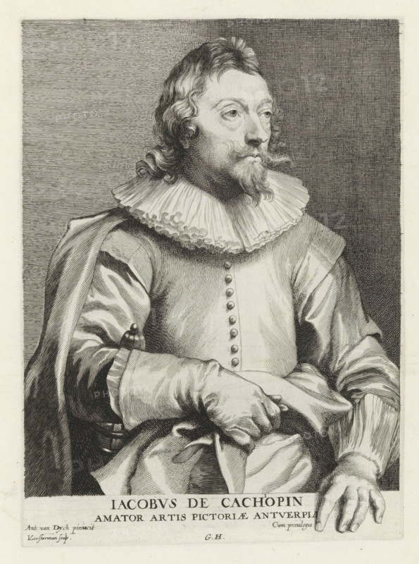 Portrait of Jacobus de Cachiopin, Icones Principum Vivorum Doctorum Pictorum Chalcographorum Statuariorum nec non Amatorum Pictoriae Artis Numero Centum ab Antonio van Dyck Pictore ad Vivum Expressae Eiusq: Sumptibus aeri incisae, Iconography, print, album page, Portrait of the Antwerp art collector Jacobus de Cachiopin. He holds a glove in his right hand. This print is part of an album., printmaker: Lucas Vorsterman (I), Antwerp, after painting by Anthony van Dyck, publisher: Gilles Hendricx, 1630 - 1641, 1645 - 1646, unknown, grantor of privilege, paper, engraving, gravure, height 241 mm x width 175 mm, Person, Jacobus de Cachiopin, gloves, mittens, A black and white engraved portrait of a seated man shown from the waist up, wearing a high ruffled collar and a buttoned doublet with a draped cloak over one shoulder; he has wavy shoulder-length hair, a curled mustache and a pointed beard, and he gazes slightly to one side with a composed expression; his hands rest in his lap, one holdi...