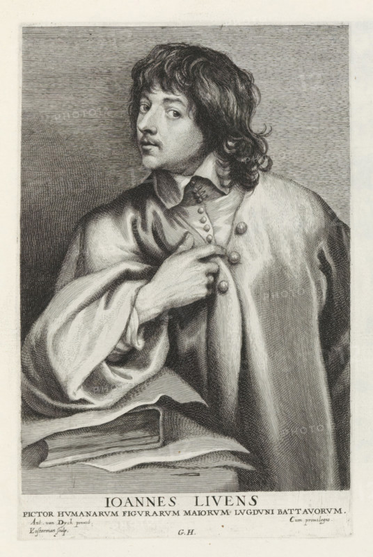 Portrait of Jan Lievens, Icones Principum Vivorum Doctorum Pictorum Chalcographorum Statuariorum nec non Amatorum Pictoriae Artis Numero Centum ab Antonio van Dyck Pictore ad Vivum Expressae Eiusq: Sumptibus aeri incisae, Iconography, print, album page, Portrait of history and portrait painter Jan Lievens, his arm resting on a book, pointing to himself with one hand. This print is part of an album., printmaker: Lucas Vorsterman (I), Antwerp, after painting by Anthony van Dyck, publisher: Gilles Hendricx, 1630 - 1641, 1645 - 1646, unknown, grantor of privilege, paper, engraving, height 245 mm x width 158 mm, Person, Jan Lievens, portrait, self-portrait of painter, A monochrome engraved portrait of a person shown from the waist up, turned slightly to one side with the head angled toward the viewer, featuring wavy shoulder-length hair and a mustache and small beard. The subject wears a high-collared shirt beneath a buttoned garment and a draped cloak, one hand pulling the cloak across the...