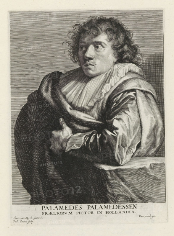 Portrait of Palamedes Palamedesz. I, Icones Principum Vivorum Doctorum Pictorum Chalcographorum Statuariorum nec non Amatorum Pictoriae Artis Numero Centum ab Antonio van Dyck Pictore ad Vivum Expressae Eiusq: Sumptibus aeri incisae, Iconographie, print, album page, This print is part of an album., printmaker: Paulus Pontius, Antwerp, after painting by Anthony van Dyck, publisher: Gilles Hendricx, 1630 - 1641, 1645 - 1646, unknown, provider of privilege, paper, engraving, height 232 mm x width 170 mm, Person, Palamedes Palamedesz. (I), historical persons, portrait, self-portrait of painter, A monochrome engraved portrait of a person shown from the waist up wearing a voluminous cloak and a loose, ruffled collar, with curly hair framing the face and the gaze directed to the side; the left hand is visible clutching the cloak near the chest while the right arm rests on a surface draped with fabric, and fine parallel and cross-hatched lines create shading across the clothing, hair, and back...