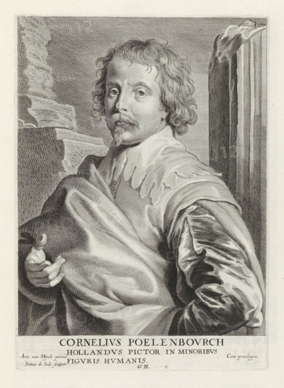Portrait of the painter Cornelis van Poelenburgh, Icones Principum Vivorum Doctorum Pictorum Chalcographorum Statuariorum nec non Amatorum Pictoriae Artis Numero Centum ab Antonio van Dyck Pictore ad Vivum Expressae Eiusq: Sumptibus aeri incisae, Iconography, print, album page, Portrait of the painter Cornelis van Poelenburgh standing among ruins. This print is part of an album., printmaker: Pieter de Jode (II), Antwerp, after painting by Anthony van Dyck, publisher: Gilles Hendricx, 1630 - 1641, 1645 - 1646, unknown, grantor of privilege, paper, engraving, height 231 mm x width 164 mm, Person, Cornelis van Poelenburch, portrait, self-portrait of painter, A black and white engraved portrait of a man shown from the torso up, turned slightly to one side and looking toward the viewer, with wavy hair and a small pointed beard and mustache; he wears a broad, ruffled collar and a voluminous draped garment with detailed folds and shading, one hand partly visible holding the drapery while the ...