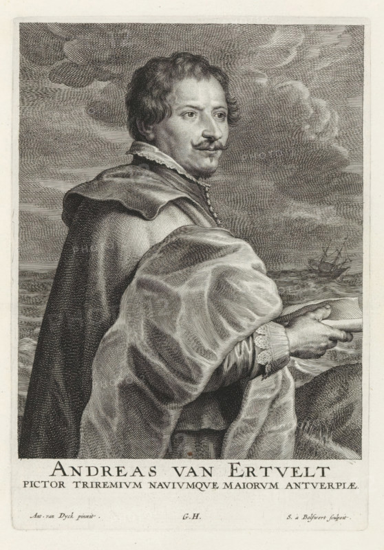 Portrait of painter Andries van Eertvelt, Icones Principum Vivorum Doctorum Pictorum Chalcographorum Statuariorum nec non Amatorum Pictoriae Artis Numero Centum ab Antonio van Dyck Pictore ad Vivum Expressae Eiusq: Sumptibus aeri incisae, Iconography, print, album page, This print is part of an album., print maker: Schelte Adamsz. Bolswert, after painting by Anthony van Dyck, publisher: Gilles Hendricx, Antwerp, 1630 - 1641, 1645 - 1646, printmaker, paper, engraving, gravure, height 250 mm x width 173 mm, Person, Andries van Eertvelt, portrait, self-portrait of painter, A detailed black and white engraved portrait of a man shown from the torso up, turned slightly to one side, with short wavy hair and a styled mustache and small goatee, wearing a high-collared shirt beneath a heavy cloak draped over his shoulders and a voluminous sleeve folded across his arm, his hands visible at the lower right holding a flat object, a turbulent sea and a sailing ship appear in the background beneath a...