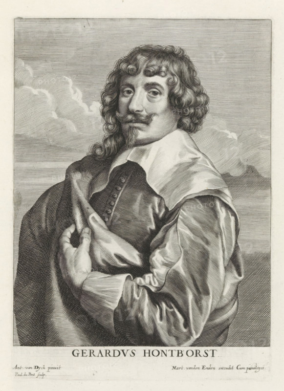 Portrait of the painter Gerard van Honthorst, Icones Principum Vivorum Doctorum Pitorum Chalcographorum Statuariorum nec non Amatorum Pictoriae Artis Numero Centum ab Antonio van Dyck Pictore ad Vivum Expressae Eiusq: Sumptibus aeri incisae, Iconography, print, album page, This print is part of an album., printmaker: Paulus Pontius, after painting by Anthony van Dyck, publisher: Gilles Hendricx, Antwerp, publisher: Martinus van den Enden (I), 1630 - 1641, 1645 - 1646, unknown, provider of privilege, paper, engraving, height 238 mm x width 170 mm, Person, Gerard van Honthorst, portrait, self-portrait of painter, A black and white engraved portrait of a man shown from the torso up, facing slightly to the viewer's left, with wavy shoulder-length hair, a curled mustache, and a small pointed beard, wearing a loose cloak draped over one shoulder and a light-colored wide collar, his right hand visible holding the cloak near his chest, detailed shading and fine line work forming folds in the f...