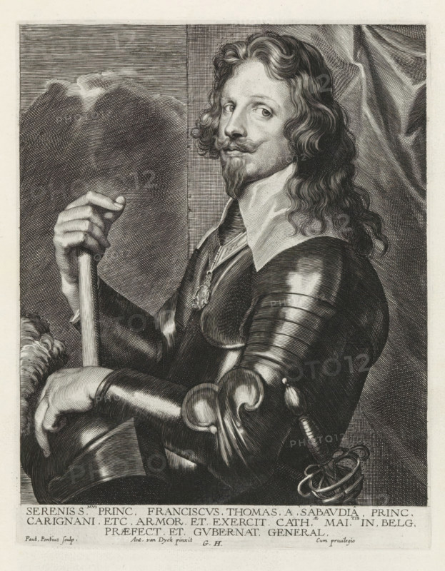 Portrait of Tommaso Francesco, Prince of Savoy-Carignano, Iconographie, Icones Principum Vivorum Doctorum Pictorum Chalcographorum Statuariorum nec non Amatorum Pictoriae Artis Numero Centum ab Antonio van Dyck Pictore ad Vivum Expressae Eiusq: Sumptibus aeri incisae, print, album page, Prince of Savoy-Carignano. He wears a chain with the Highest Order of the Annunciation. This print is part of an album., printmaker: Paulus Pontius, Antwerp, after painting by Anthony van Dyck, publisher: Gilles Hendricx, 1630 - 1641, 1645 - 1646, unknown, grantor of privilege, paper, engraving, gravure, height 235 mm x width 184 mm, Person, Tommaso Francesco van Savoye, knighthood order, A black and white engraved portrait of a man shown from the waist up wearing polished armor and a wide white collar, his long wavy hair and curled mustache and pointed beard visible as he looks slightly to the side; one hand grasps a vertical staff while the other rests on his knee, and a decorative medallion hangs at ...