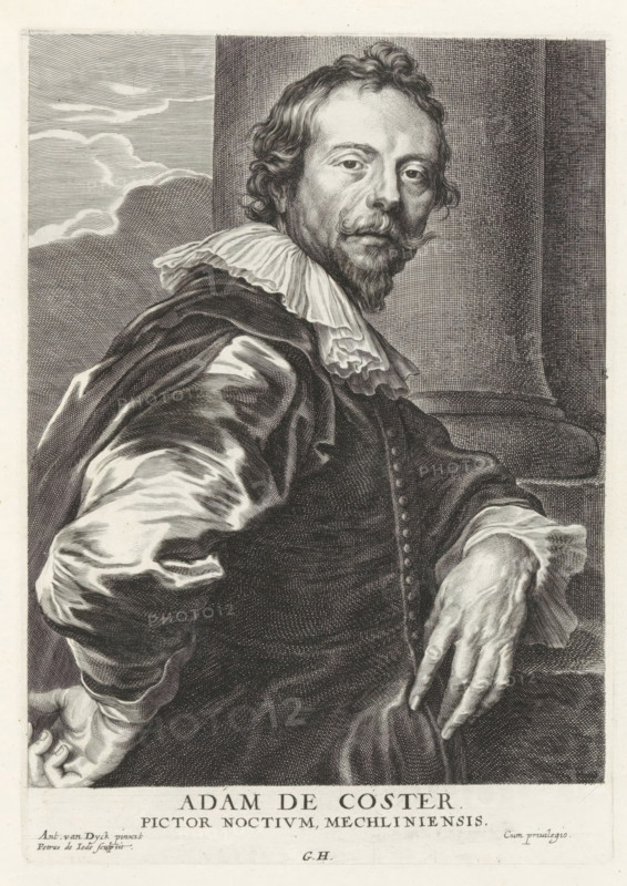 Portrait of the painter Adam de Coster, Icones Principum Vivorum Doctorum Pictorum Chalcographorum Statuariorum nec non Amatorum Pictoriae Artis Numero Centum ab Antonio van Dyck Pictore ad Vivum Expressae Eiusq: Sumptibus aeri incisae, Iconography, print, album page, Portrait of the painter Adam de Coster. He leans against a column with his left arm. He holds his right hand behind his back. This print is part of an album., printmaker: Pieter de Jode (II), Antwerp, after painting by Anthony van Dyck, publisher: Gilles Hendricx, 1630 - 1641, 1645 - 1646, unknown, grantor of privilege, paper, engraving, height 236 mm x width 167 mm, Person, Adam de Coster, portrait, self-portrait of painter, A seated man in historical dress faces the viewer with his body turned slightly to the side; he has wavy hair, a curled mustache, and a pointed beard, and he wears a ruffled collar and a dark robe with visible folds and buttons; one arm rests on his hip while the other hand is draped over the back of...