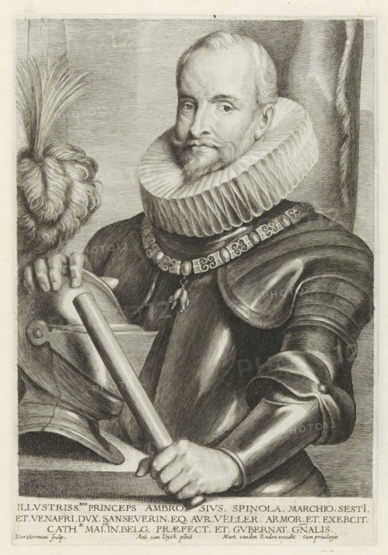 Portrait of Ambrogio Spinola, Marquis de los Balbases, Icones Principum Vivorum Doctorum Pictorum Chalcographorum Statuariorum nec non Amatorum Pictoriae Artis Numero Centum ab Antonio van Dyck Pictore ad Vivum Expressae Eiusq: Sumptibus aeri incisae, Iconographie, print, album page, commander-in-chief of the Spanish troops in the Southern Netherlands. His right hand resting on helmet, command staff in left hand. Around his neck a chain with the sign of the Order of the Golden Fleece. This print is part of an album., printmaker: Lucas Vorsterman (I), Antwerp, after painting by Anthony van Dyck, publisher: Gilles Hendricx, publisher: Martinus van den Enden (I), 1630 - 1641, 1645 - 1646, unknown, grantor of privilege, paper, engraving, gravure, height 258 mm x width 177 mm, Person, Ambrogio Spinola (Marquis de los Balbases), helmet, baton of general, armor, knighthood order of the Golden Fleece, A monochrome engraved portrait of a man shown from the waist up wearing plated armor and a la...