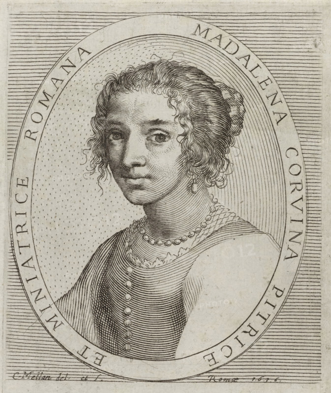 Portrait of Maddalena Corvina, print, inscription: 'V Poliano... 1930, 680', printmaker: Claude Mellan, Rome, 1636, paper, engraving, height 117 mm x width 85 mm, Person, Maddalena Corvina, portrait, self-portrait of artist, historical persons - BB - woman, A black and white engraved portrait of a woman shown from the shoulders up inside an oval frame decorated with horizontal lines outside and dotted texture inside, featuring tightly curled hair styled back with loose ringlets framing her face, arched eyebrows, large eyes looking slightly to the side, a straight nose, and closed lips. She wears drop earrings, a beaded necklace, and layered clothing with a patterned collar and a bodice fastened with a row of round buttons; fine engraved lines create shading and texture on her skin, hair, and garments.