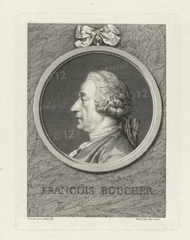 Portrait of François Boucher, print, Bust and profile to the left, in round frame with bow at top center., printmaker: Laurent Cars, France, after drawing by Charles Nicolas Cochin (II), c. 1755, paper, etching, engraving, stippelwerk, height 190 mm x width 143 mm, Person, François Boucher, historical persons, portrait, self-portrait of artist, A detailed engraved portrait shows a profile view of a man facing left, enclosed within a circular frame; he has wavy, powdered hair styled back and tied with a ribbon, a high-collared garment, and a draped cloak over his shoulder. The circular frame sits on a textured rectangular background with fine crosshatching, and a tied bow ornament is placed at the top of the frame. The lower portion of the rectangle contains large carved letterforms that are part of an inscription. The overall image is monochrome with intricate line work and shading throughout.