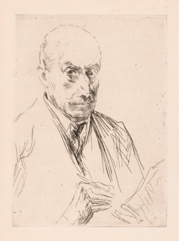 Self-portrait of Max Liebermann, drawing marker in hand, print, printmaker: Max Liebermann, Berlin, 1922, paper, drypoint, height 235 mm x width 172 mm, Person, portrait, self-portrait of artist, A sepia-toned sketch of an older man shown from the torso up, with a bald head and closely defined facial features rendered in thin, dark lines, wearing a jacket and a tie, his hands positioned near his midsection with one hand overlapping the other, the background largely empty with faint smudges and stray sketch marks across the paper.