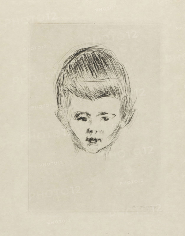 Portrait of Andreas Schwarz, Andreas Schwarz (original title), print, printmaker: Edvard Munch, publisher: Bruno Cassirer, Berlin, 1906, paper, drypoint, intaglio printmaking technique, height 193 mm x width 136 mm, Person, historical persons, boy (child between toddler and youth), A sketched portrait of a young person's head centered on a textured light beige background, drawn with thin, dark pencil strokes; the hair is short with a rounded top and visible individual strands, the eyebrows are sketched above round eyes with shaded pupils and faint lower lids, the nose is lightly rendered with minimal lines, the mouth is slightly open with darker shading on the lips, the ears are visible on either side with simple contour lines, and faint neck and jawline strokes extend below the chin.