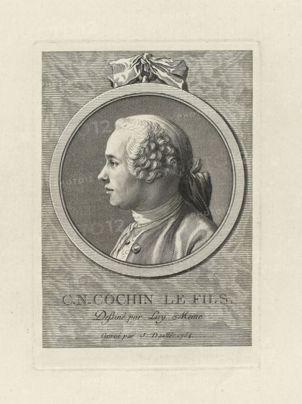 Portrait of Charles Nicolas Cochin II, CN Cochin le fils., print, printmaker: Jean Daullé, France, after drawing by Charles Nicolas Cochin (II), 1754, paper, etching, engraving, height 191 mm x width 132 mm, Person, portrait, self-portrait of graphic artist, ornament, medallion, A monochrome engraved portrait shows a profile of a man facing left inside a circular frame, with finely detailed curly hair tied at the back and a tied ribbon visible, a high-collared garment and a coat with buttons, set against a densely lined background and a decorative draped cloth above the frame.