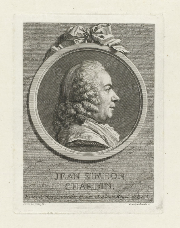 Jean Simeon Chardin, Portrait of Jean Baptiste Siméon Chardin, print, Bust and profile to the right, in round medallion, with bow at top center., printmaker: Laurent Cars, France, after drawing by Charles Nicolas Cochin (II), c. 1755, paper, etching, engraving, stippelwerk, height 190 mm x width 144 mm, Person, Jean Baptiste Siméon Chardin, historical persons, portrait, self-portrait of artist, An engraved portrait shows a side profile of a man facing right inside a circular frame, his hair styled in voluminous curls and swept back, with detailed shading on his facial features and neck; the round frame is topped by a draped ribbon or cloth, and the surrounding background is filled with fine crosshatching and textured lines.