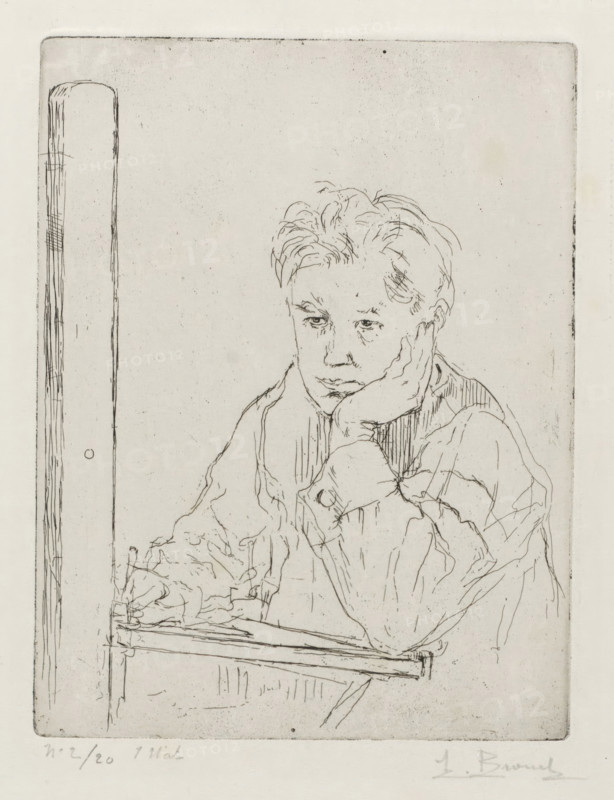 Portrait de l'Artiste., Self-portrait behind an easel, print, printmaker: Auguste Brouet (signed by artist), c. 1910 - c. 1925, Auguste Brouet, printmaker, paper, Japanese paper, etching, etching on Oriental paper, height 219 mm x width 168 mm, According to the inscription, this concerns the first state of the print., Person, historical persons, portrait, self-portrait of artist, drawing, easel, A lightly sketched line drawing of a person resting their face on one hand while seated, with a contemplative facial expression and tousled hair, wearing loose long-sleeved clothing; the other hand is near a flat surface with faint outlines of objects, and a vertical post or beam is visible to the left, all rendered in thin, delicate lines on a pale background.