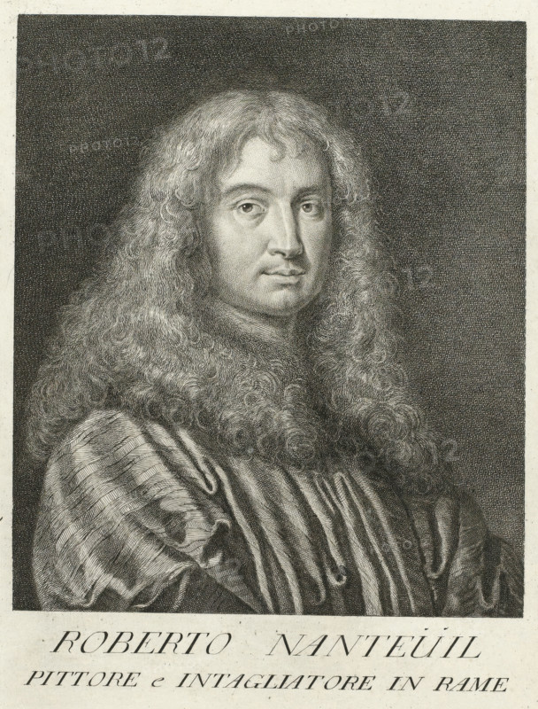 Portrait of the artist Robert Nanteuil, Portraits of artists, print, book illustration, printmaker: Giovanni Domenico Campiglia, Italy, 1752 - 1762, paper, engraving, etching, height 261 mm x width 185 mm, A monochrome engraved portrait of a person shown from the chest up, with long, wavy hair cascading over the shoulders and a calm, neutral facial expression, wearing a draped garment with visible folds and striped shading, set against a densely crosshatched dark background.