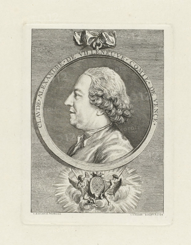 Claude Alexandre de Villeneuve Comte de Vence, Portrait of Claude Alexandre de Villeneuve, Comte de Vence, print, Bust facing left, in round frame with bow at top center. In the middle under his coat of arms, held by two angels., printmaker: Claude Henri Watelet, after drawing by Charles Nicolas Cochin (II), 1754, paper, etching, stippelets, height 186 mm x width 140 mm, Person, Claude-Alexander de Villeneuve (comte de Vence), historical persons, adult man (sideview, profile), A detailed engraved portrait shows a left-profile bust of a man with curled hair inside a circular frame, the head and shoulders rendered with fine linework and stippling against a dark textured background, a bow or ribbon depicted above the circular frame, and below the frame an ornamental cartouche with two winged figures holding an oval shield surrounded by radiating lines and clouds.