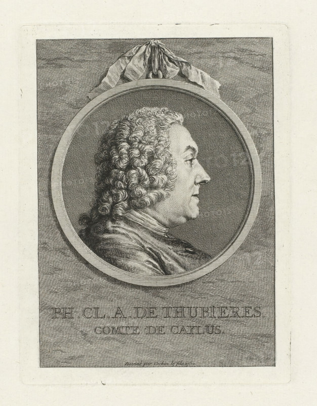 Ph. Cl. A. de Thubieres, Comte de Caylus, Portrait of Anne Claude Philippe Caylus, print, Bust to the right, in round frame with bow at top center., printmaker: Charles Nicolas Cochin (II) (possibly), 1752 - 1799, paper, etching, engraving, stipple work, intaglio printmaking technique, height 189 mm x width 140 mm, Person, Anne Claude Philippe Caylus, historical persons, portrait, self-portrait of graphic artist, A detailed engraved portrait of a man in profile facing right, shown inside a circular frame with a draped cloth tied above the frame; the man has tightly curled hair styled back from his forehead and wears a high-collared garment with visible folds and textured shading; the background within the frame and the surrounding rectangular panel feature fine crosshatching and stippling, and the overall image is monochrome with strong line work and tonal variation.