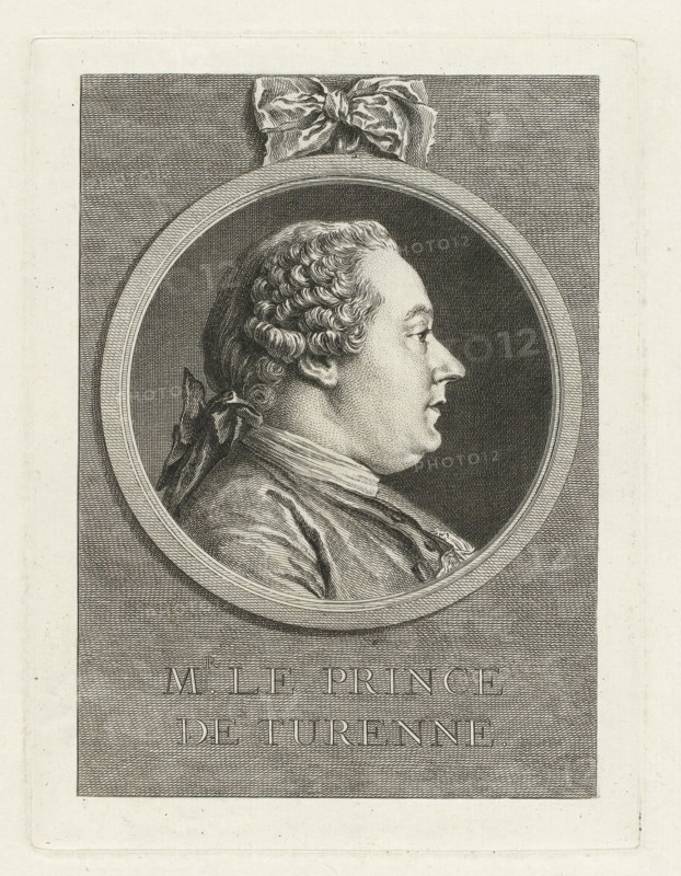 Portrait of Godefroy-Charles-Henri de La Tour d'Auvergne, M. Le Prince de Turenne, print, printmaker: Charles Nicolas Cochin (II), 1756, Charles Nicolas Cochin (II), printmaker, paper, etching, engraving, stipple work, height 190 mm x width 142 mm, Person, Godefroy Charles Henri de la Tour d'Auvergne, historical persons, An engraved oval portrait of a man shown in profile facing right, with curled hair tied at the back with a bow, a rounded face, prominent nose, and a high-collared coat with visible folds and buttons, set against a finely hatched dark background and surrounded by a decorative circular frame topped by a larger tied ribbon, all within a rectangular panel on a light textured sheet.