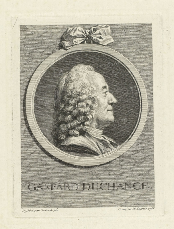 Portrait of Gaspard Duchange, Gaspard Duchange., print, printmaker: Nicolas-Gabriel Dupuis, France, after drawing by Charles Nicolas Cochin (II), 1755, paper, etching, engraving, height 193 mm x width 145 mm, Person, Gaspard Duchange, portrait, self-portrait of graphic artist, ornament, medallion, A detailed engraved portrait of an older man shown in profile facing right, set inside a circular frame with concentric borders; the man has a high forehead, prominent nose, closed lips, and a full head of curled hair that falls in ringlets down to his shoulders, and he wears a draped garment around his neck; above the circular frame a tied ribbon or bow rests on the top edge, and the background surrounding the frame features closely spaced horizontal hatch lines.