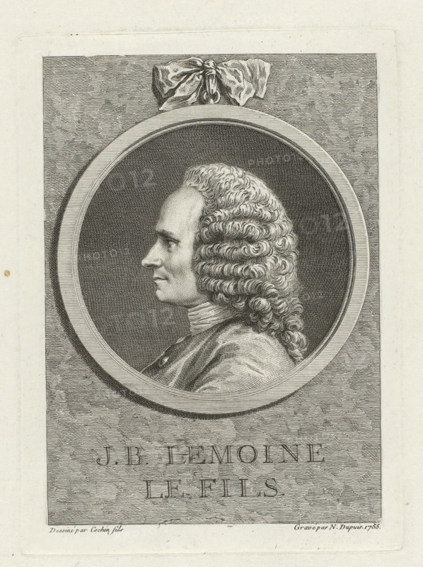 Portrait of Jean-Baptiste Lemoyne, JB Lemoine le fils., print, printmaker: Nicolas-Gabriel Dupuis, France, after drawing by Charles Nicolas Cochin (II), 1755, paper, etching, height 188 mm x width 138 mm, Person, Jean Baptiste Lemoyne (II), portrait, self-portrait of sculptor, ornament, medallion, A monochrome engraved portrait shows a man in profile facing left inside a circular frame with a ribbon tied at the top of the frame; the man has a high forehead, a prominent nose, and a full curled wig with tightly coiled ringlets that fall to his shoulders, and he wears a high-collared garment with visible folds and a button on the chest, all rendered with fine parallel and cross-hatched lines against a textured background.