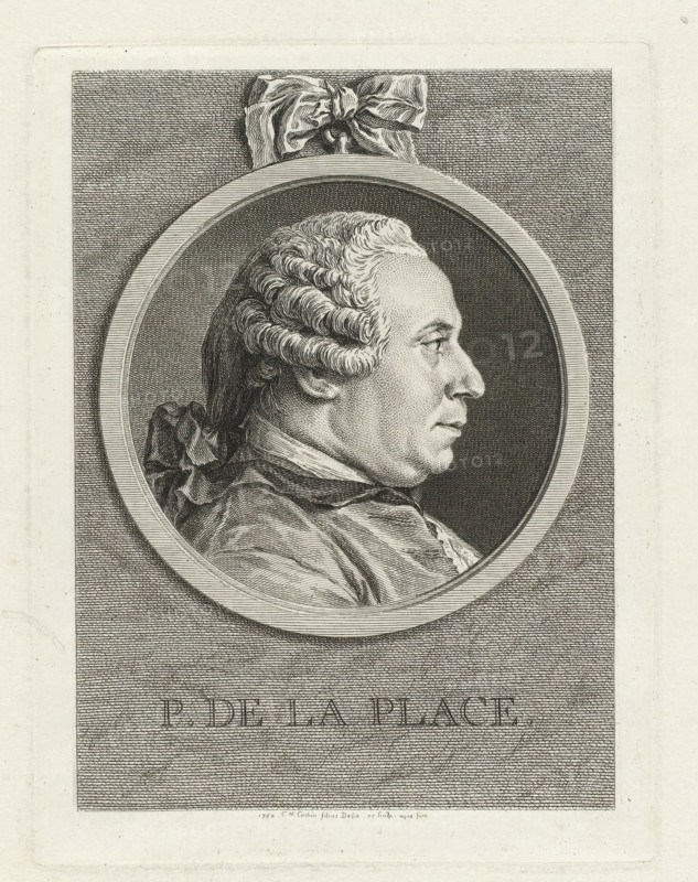 P. De la Place., Portrait of Pierre-Antoine de la Place, print, printmaker: Charles Nicolas Cochin (II), France, 1762, paper, etching, engraving, height 189 mm x width 142 mm, Person, Pierre-Antoine de la Place, historical persons, ornament, medallion, A monochrome engraved portrait shows a man in profile facing right, framed within a circular medallion topped by a tied ribbon. The man wears a styled wig with rolled curls at the sides and a tied ribbon at the back, a high-collared garment with visible folds, and a composed facial expression with a prominent nose and defined jawline. Fine engraved lines create shading across the face, hair, clothing, and the textured background outside the medallion, while the circular frame has concentric banding and the surrounding paper shows a rectangular border and slight discoloration.