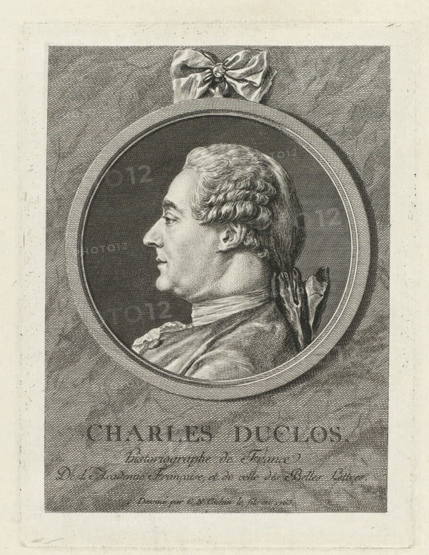 Charles Duclos., Portrait of Charles Pinot Duclos, print, printmaker: Charles Nicolas Cochin (II) (possibly), France, 1763, paper, etching, engraving, height 196 mm x width 147 mm, Person, Charles Pinot Duclos, historical persons, ornament, medallion, A detailed engraved portrait shows a man in profile facing left within a circular frame, his hair styled and tied at the back with a ribbon, wearing a high-collared garment with visible folds and texture; the circular frame is set against a hatched rectangular background and topped by a decorative bow, while the lower area beneath the frame contains additional hatched shading and faint cursive-like marks.