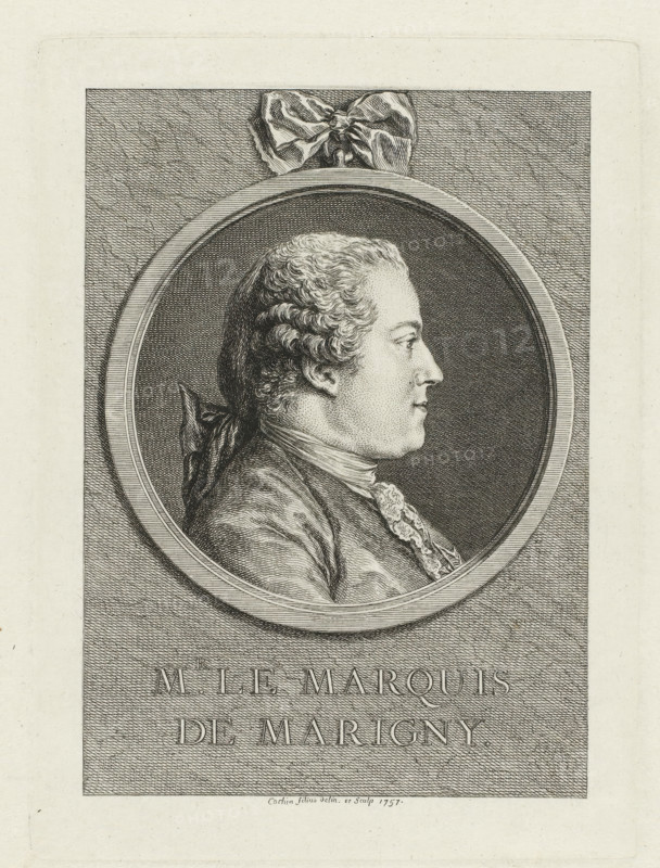 Portrait of Abel François Poisson, Mr. le marquis de Marigny., print, printmaker: Charles Nicolas Cochin (II), France, 1757, paper, etching, engraving, height 196 mm x width 144 mm, Person, Abel François Poisson de Vandières (marquis de Marigny), historical persons, ornament, medallion, An engraved portrait shows a profile view of a man facing right, depicted inside an oval frame with a ribbon tied at the top; the man has waved hair pulled back and tied, a smooth forehead, a straight nose, and a closed mouth, and he wears a jacket with a high collar and a lace cravat, all rendered with fine crosshatching and stippling against a textured background.