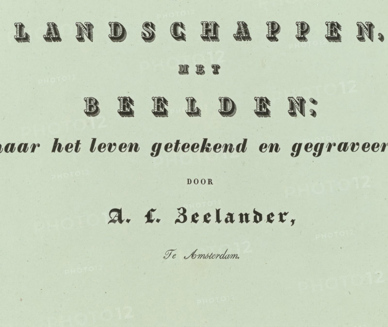 Text sheet for a series of landscapes by Abraham Lion Zeelander, Six landscapes, with images drawn from life and engraved by AL Zeelander, wrapper, text sheet, printmaker: Abraham Lion Zeelander, Amsterdam, 1799 - 1856, paper, letterpress printing, text in letterpress, height 243 mm x width 297 mm, A pale green page with rows of ornate black printed letters in different decorative typefaces spaced across the top and middle, a line of cursive black script near the center, a small block of simple uppercase letters below it, a larger ornate black serif name centered further down, and a small cursive line near the lower middle, all set against a slightly textured paper background.