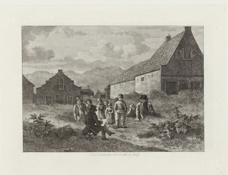 Drawing artist viewed by children, Six landscapes with sculptures drawn from life, print, An artist in a top hat draws seated on a stool in a dune landscape with houses. In front of him, a group of eight watching children., signature: 'AL Zeelander, ad viv: des. et. sculpt.', printmaker: Abraham Lion Zeelander, Amsterdam, 1799 - 1856, paper, etching, engraving, etching and engraving, height 140 mm x width 184 mm, Preserved in original cover., dunes (sea not visible), in the dunes, draughtsman at work - CC - out of doors, child and nature (games and plays), A monochrome etched scene shows a group of people gathered outdoors in front of rural buildings with steep roofs and small windows; a seated figure at the center foreground faces away and appears to be drawing on a board while a cluster of children and a few adults stand and sit nearby on grassy ground with scattered plants; the sky above contains layered clouds and distant low hills, and the buildings include a large gabled structur...