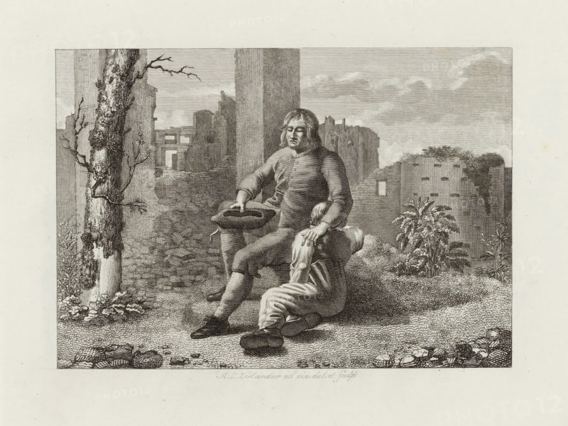 Man with boy in front of ruin, Six landscapes with sculptures drawn from life, print, In front of the ruin of a dilapidated castle sits a man with closed eyes and a hat in his hand. The other hand rests on the shoulder of the boy sitting next to him. To the left stands a tree, partially stripped of bark., signature: 'AL Zeelander, ad viv: des. et. sculpt.', printmaker: Abraham Lion Zeelander, Amsterdam, 1799 - 1856, paper, etching, engraving, etching and engraving, height 140 mm x width 183 mm, Preserved in original cover., landscape with ruins, head-gear: hat (men's clothes), father and child(ren), man and child(ren) (family group), A monochrome etching depicting two seated figures amid ruins, one figure upright with shoulder-length hair and a simple buttoned garment holding a hat, the other slumped with a hand resting on the upright figure's knee and wearing loose trousers, both barefoot or with simple shoes; surrounding them are broken stonework and rubble, a tall textured tree trun...