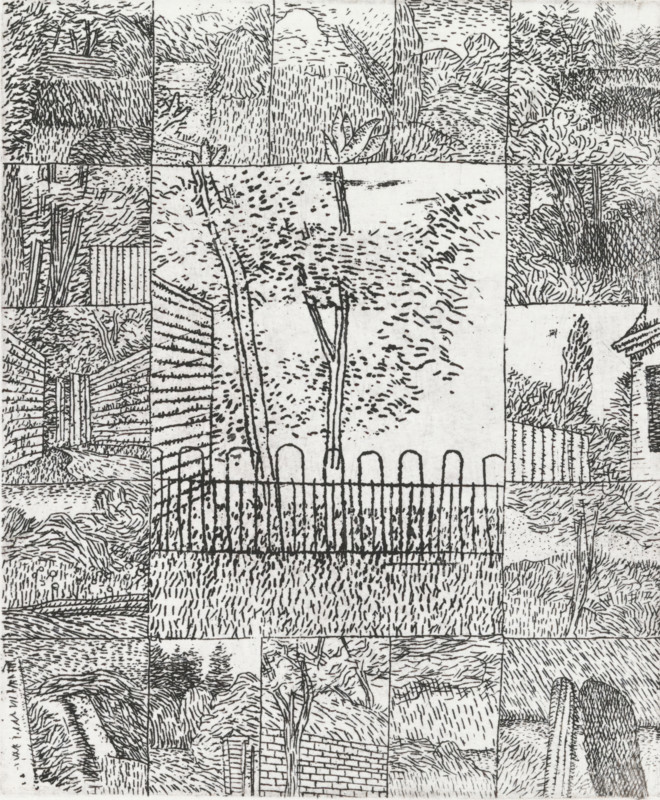 Tree behind small fence, print, Tree behind fence in the center, framed by sixteen equal-sized planes with fragments of a garden., signature and date: 'KEES STOOP '87', printmaker: Kees Stoop (signed by artist), 1987, Kees Stoop, printmaker, paper, etching, height 175 mm x width 157 mm, height 154 mm x width 128 mm, backyard, A black and white drawing composed of a grid of rectangular panels showing various outdoor scenes, with many panels containing trees, grassy textures, and foliage rendered with short, directional strokes; a central panel features two tall, thin tree trunks and a curved row of arch-shaped fence tops above a vertical-bar fence, with dense stippled and dashed marks suggesting leaves and grass; surrounding panels show wooden fences, hedges, clustered shrubs, vertical tree trunks, winding pathways, and layered ground contours, all drawn in a sketchy linear style with varied hatch marks and dots creating texture and tonal variation.