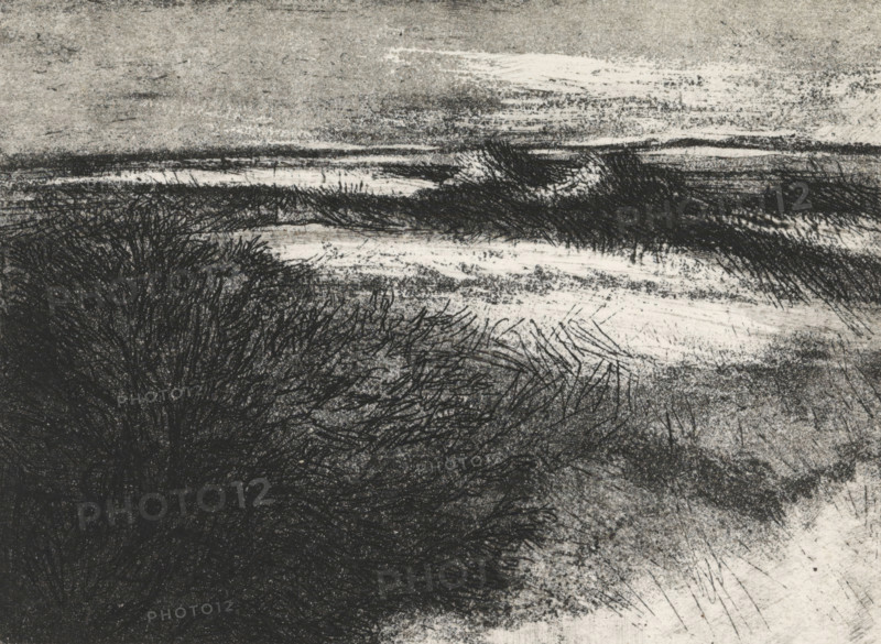 Dune landscape, print, Dune landscape with marram grass, the sea on the left on the horizon., signature: 'KEES STOOP', print maker: Kees Stoop (signed by artist), c. 1975 - c. 1976, printmaker, paper, etching, aquatint, etching and aquatint, height 130 mm x width 170 mm, height 110 mm x width 145 mm, dunes (sea not visible), in the dunes, A monochrome textured scene showing dense, tangled dark brushstrokes forming a thicket in the lower left and middle, with layered horizontal strokes and smudges across the middle and upper areas suggesting distant, lighter bands. The image features heavy, fine-line marks that create wispy, grasslike textures and overlapping dark masses, contrasted with lighter, grainy areas and streaked highlights. The overall appearance is rough and sketchlike, with varied densities of black and gray marks against a pale background.
