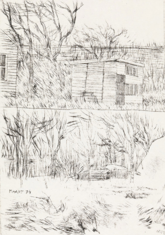Garden house, print, Two images, the upper one showing a garden house and the lower one a canopy between trees., date: 'MARCH 74', signature: 'KEES STOOP', printmaker: Kees Stoop (signed by artist), 1974-03, paper, drypoint, height 230 mm x width 133 mm, height 158 mm x width 110 mm, garden buildings, A monochrome sketch showing a landscape with leafless trees and tall grasses, a simple rectangular wooden structure with horizontal siding and a slanted roof, a portion of a building with a visible window at the edge, clusters of bare branches filling the foreground and background, and textured ground areas with scattered tufts of vegetation.
