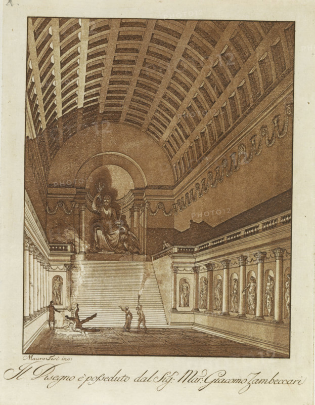 Interior with stairs to an apse with seated male sculpture, Raccolta di dissegni originali di Mauro Tesi, print, album page, Print is part of an album., after drawing by Mauro Antonio Tesi, publisher: Lodovico Inig, Bologna, 1787, printmaker, paper, etching, aquatint, etching and aquatint in brown, height 244 mm x width 185 mm, height 414 mm x width 289 mm, piece of sculpture, reproduction of a piece of sculpture, interior of church, An interior scene showing a grand, high vaulted ceiling with a patterned coffered design and an ornate cornice, a large central arch framing a seated sculptural figure holding a staff and a wreath, broad steps leading down from the arch to a patterned floor, flanked on both sides by rows of columns set into niches each containing standing statues, small human figures on the steps and near the floor engaged in various poses, decorative garlands along the upper walls, and detailed architectural moldings and balustrades.